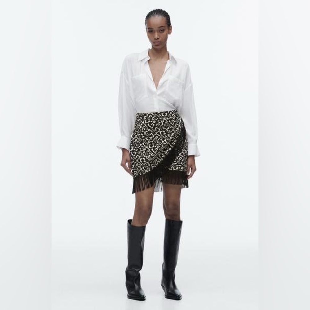 Zara Black and White Fringe Mini Skirt